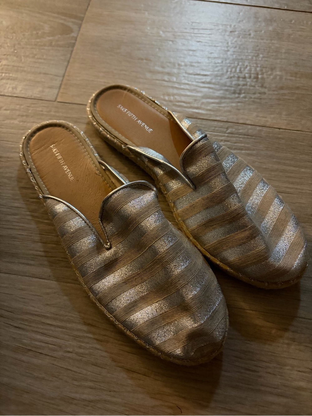 Saks Fifth Avenue Metallic Gold and Cream Striped Espadrille Mules